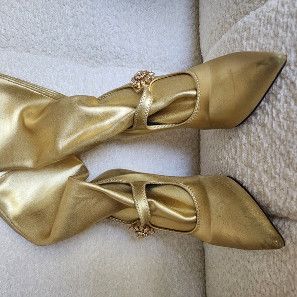 Gold Knee-High Boots with Rhinestone Detail - Picture 6 of 13